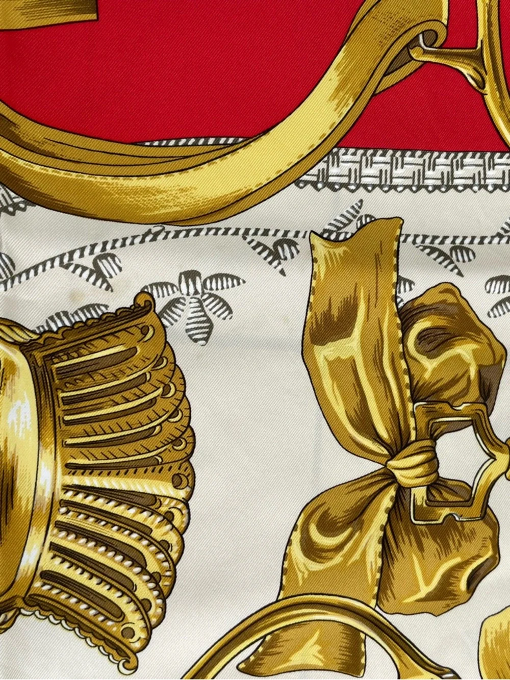 Hermes Red Black Cream Silk Scarf with Gold Equestrian Motifs - Picture 8 of 13